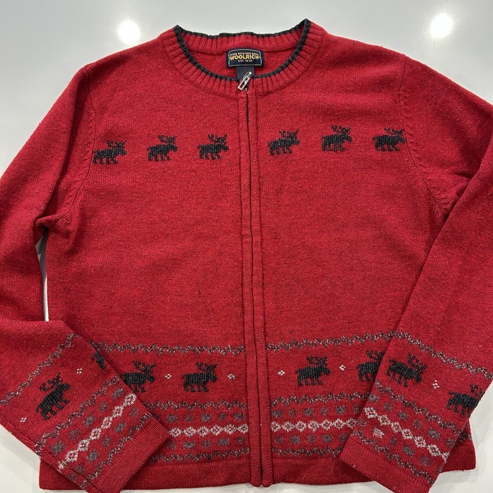 Woolrich Sweater RUBY Cardigan Full Zip Women's‎ S Red 100% Lambs Wool Moose